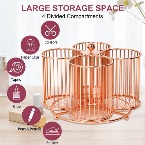 PNEUICALLY 360 Rotating Pen Holder, Large Pencil and Marker Organizer with 4 Slots, Desk Caddy Accessory (Rose Gold)