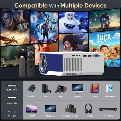 ZDK Native 1080P 18000 Lumen 4K Supported Projector with wifi and bluetooth, Bedroom Outdoor Indoor Projector Compatible with Smartphone, HDMI, USB, AV, Fire Stick, PS5 for Home, Bedroom, Outdoor Use