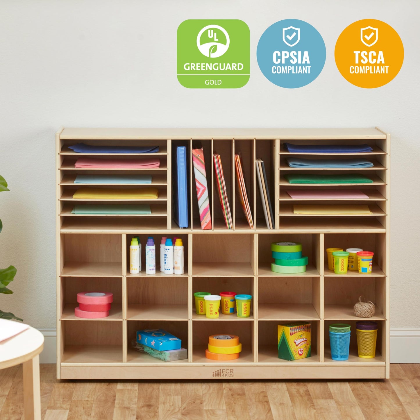 ECR4Kids Multi-Section Mobile Tray Cabinet with Cubby Storage Compartments, Kids Furniture, Natural, 48"D x 13"W x 36"H