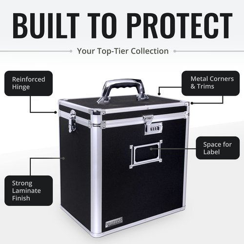 Vaultz Vinyl Record Storage Box - Locking 50 Album Holder & Organizer - Great Alternative to Flimsy LP Crate - 14.4 x 13.4 x 9.6 Inches - Black
