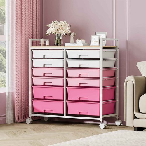 Rolling Storage Cart with 12 Drawers, Wooden Tabletop Utility Cart for Craft Storage, Art Supply Storage & Home Office Organization, Teacher Cart with Wheels for Classroom, School (Pink)