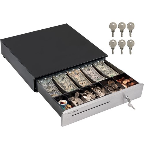 Volcora Cash Register Drawer for (POS) Point of Sale System 16", Stainless Steel Removable Coin Tray, 5 Bill/6 Coin, 24V, RJ11/RJ12 Key-Lock, Media Slot,Cash Till, Money Drawer for Businesses, Black