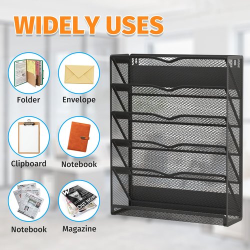 Mogbhw 6-Tier Magnetic File Holder, No Drilling Magnetic File Organizer Folder Holder, Black Hanging Magnetic Paper Holder for Refrigerator, Whiteboard, File Cabinets, Office, Kitchen (Black, 6-Tier)