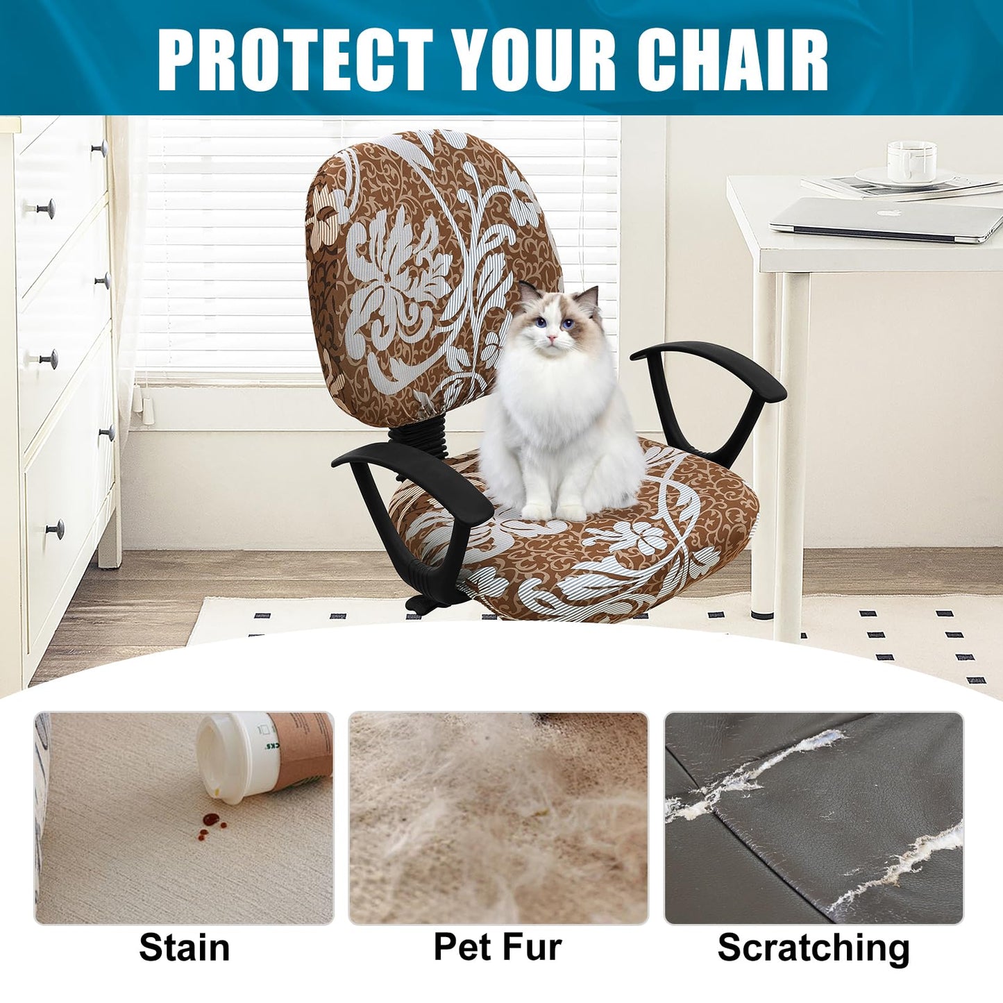 Smiry Stretch Printed Office Computer Chair Covers, Universal Washable Removable Desk Rotating Chair Slipcovers Protector, Seat + Backrest Cover - Brown and Blue