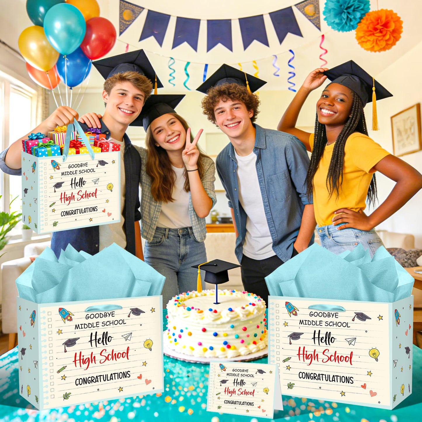 8th Grade Graduation Party Decorations Funny 8th Grade Graduation Gift Bag Hello High School Gift Bag with Wrapping Paper Card for Boys Girls Teenagers Graduate Goodbye Middle School Grad Supplies