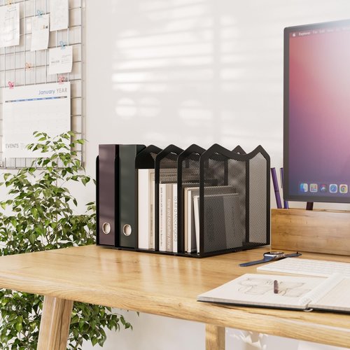 ClutterHub | Your Desk's Best Friend | Iron Steel Mesh Desktop File Sorter Organizer | 5-Section Bookshelf for Desk Home Office | No Assembly Required (Black, 5 Tier)