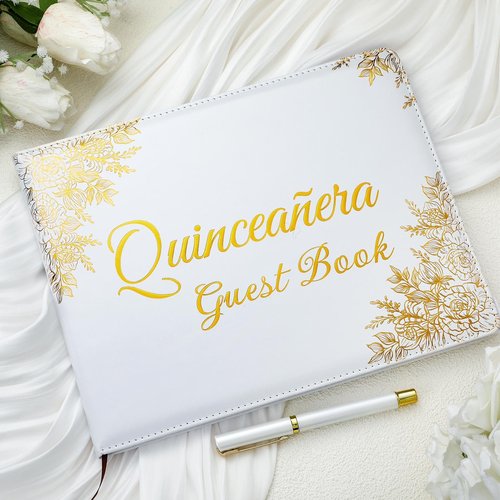 MotiMind Quinceañera Guest Book with Pen 11 x 8 Inch Libro De Firmas Para 15 Años Quinceanera Leather Hardcover Signature Book Guest Sign in for 15th Party Favors Decoration(White,Floral)