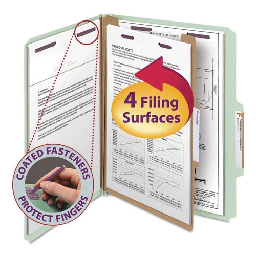 Smead Pressboard Classification File Folder with SafeSHIELD Fasteners, 1 Divider, 2" Expansion, Letter Size, Gray/Green, 10 per Box (13776)