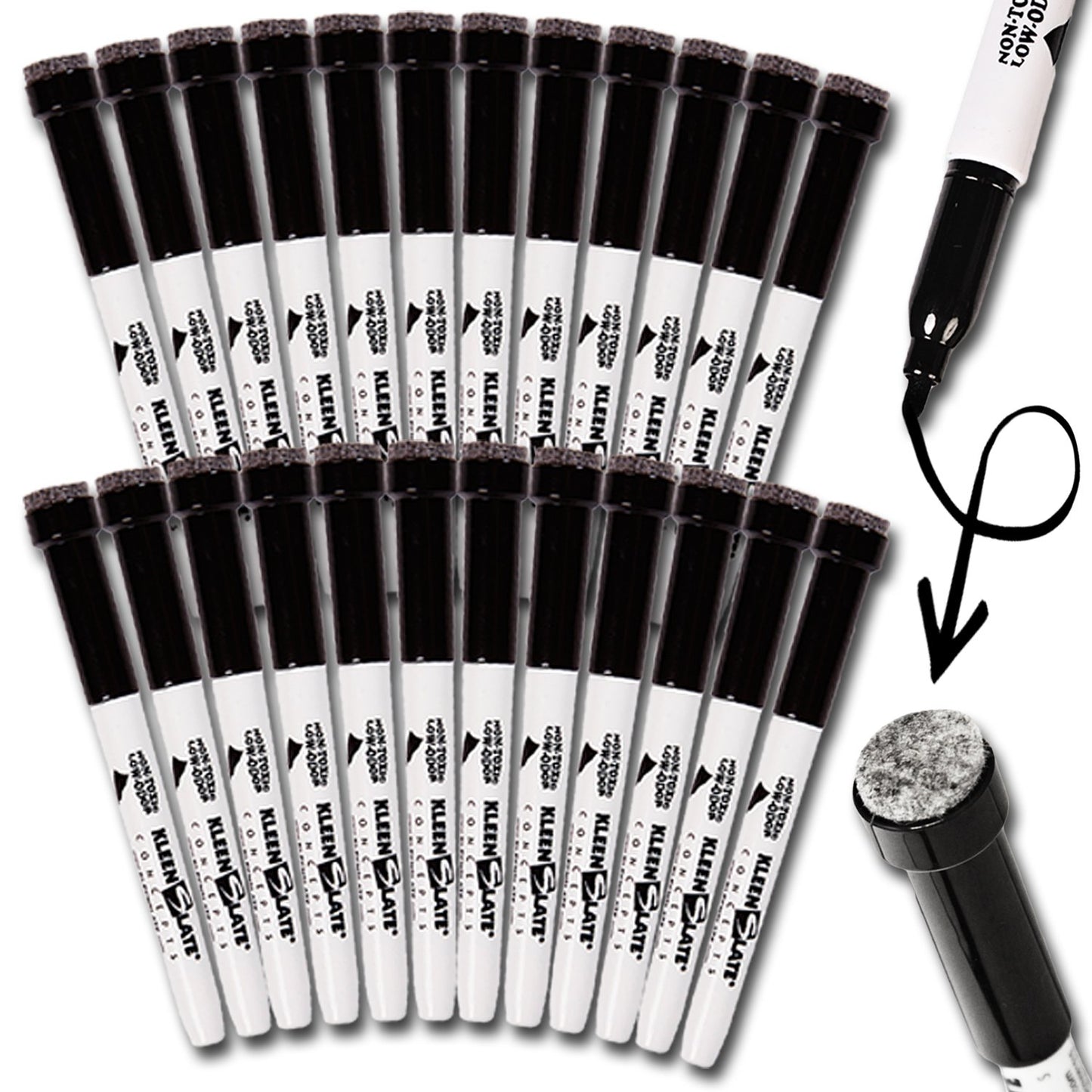 (24) KleenSlate Black Low Odor Dry Eraser Markers with Eraser, Bullet point
