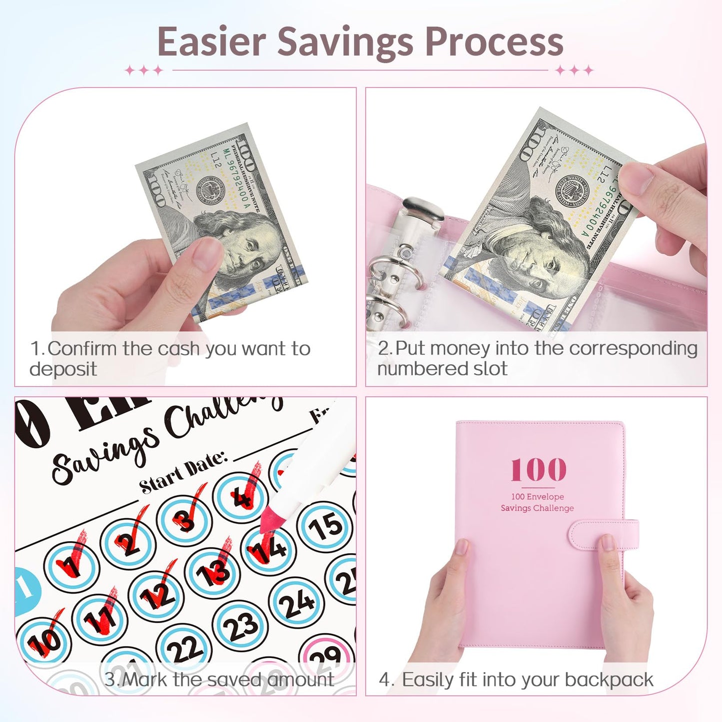 Sooez 100 Envelopes Challenge Binder, Money Saving Challenge Budget Binder with Cash Envelopes, Savings Challenge Book - Easy & Fun Way to Save $5,050, Money Saving Binder for Budgeting & Saving