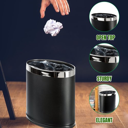 Brelso 'Invisi-Overlap' Metal Trash Can, Open Top Small Office Wastebasket, Oval Shape (Black)