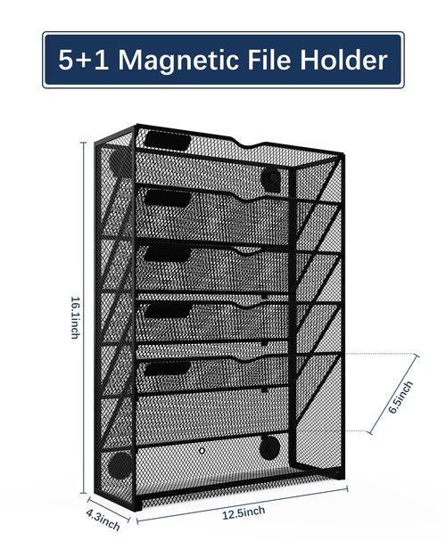 Vdamu 6-Tier Magnetic File Holder - No Drilling Installation File Organizer, Large Capacity Magnetic File Holder for Refrigerator, File Cabinets, Whiteboard, Office, Kitchen