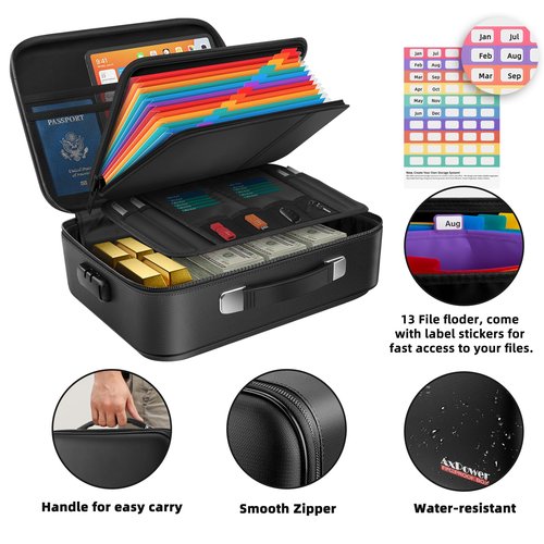 Fireproof Document Box Hard Case With Lock, Multi-Layer Fire Proof Water Resistant Safe Box File Organizer Bag With Small Money Bag for Important Documents Passport Certificates Laptop (Black)