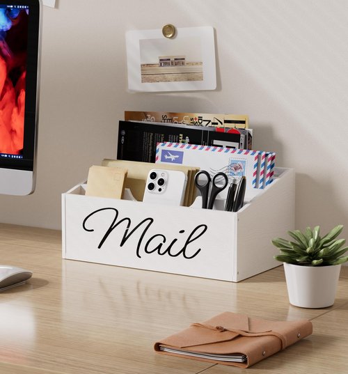 Vecxoty Wooden Mail Organizer Countertop Mail Holder for Desk with 4 Slots,Rustic Mail Basket for Counter with Anti-Slip Pad Mail Sorter Letter Holder Box for Desk Home Office（White）