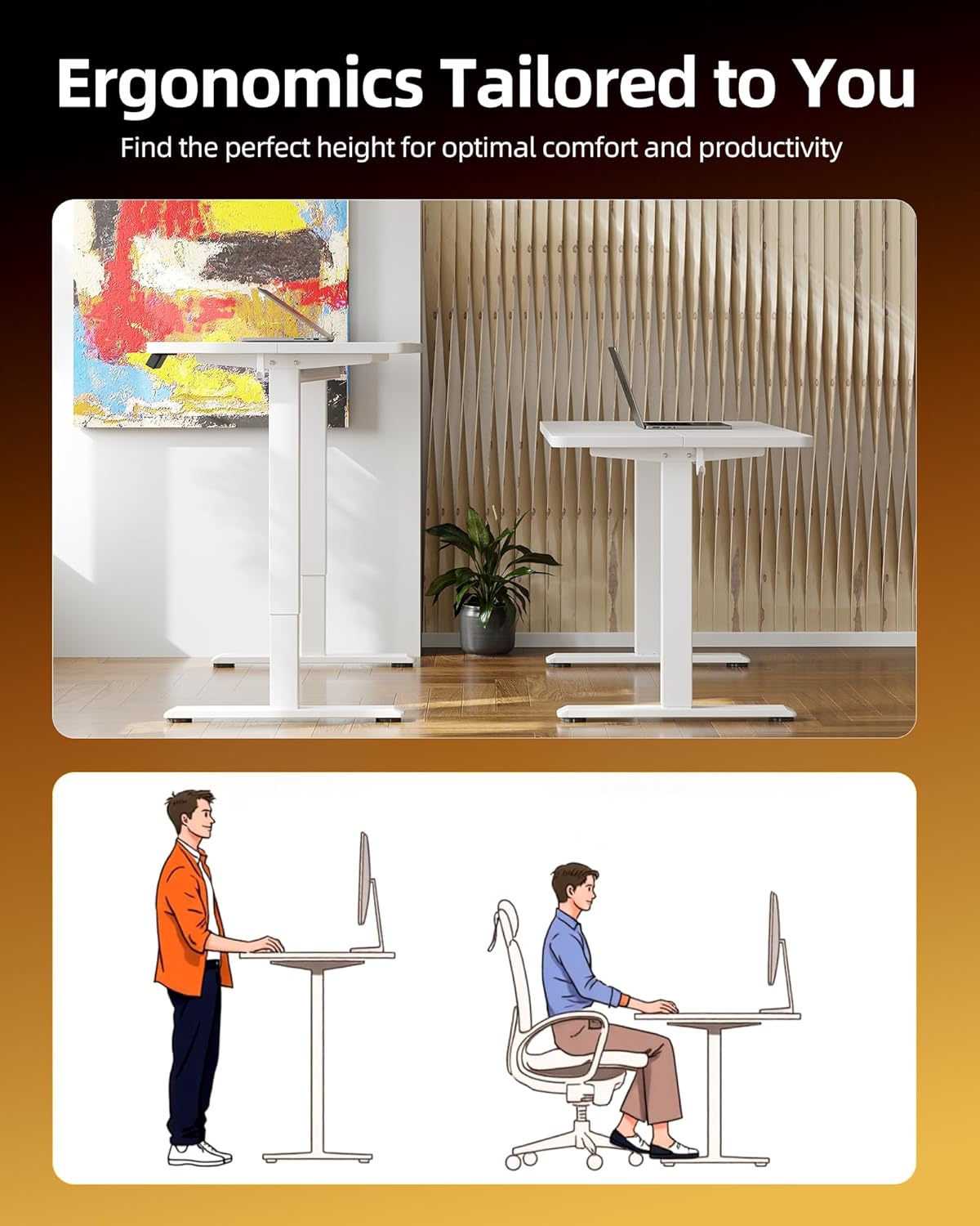 TIQLAB Electric Standing Desk - Adjustable Height Sit-Stand Home Office Table | 47" x 24" - White