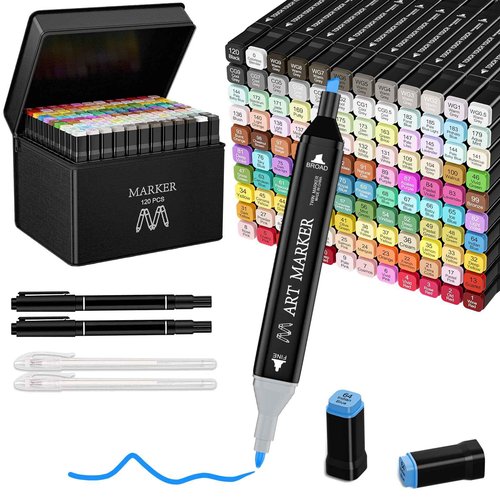 Spriak Alcohol Markers Set, 120 Colors Dual Tip Markers for Adult Coloring Books, Art Marker for Kids Adults Sketch Drawing, Marker Set with stand and Carry Case (120)