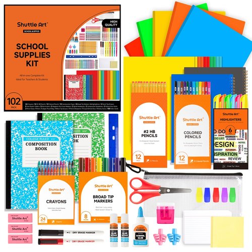 Shuttle Art 102 PCS Back to School Supplies Kit, School Supply Box for Grades K-5, School Supplies for Kids and Students, Including Pencils, Pens, Markers, Erasers, Notebooks, Folders and More