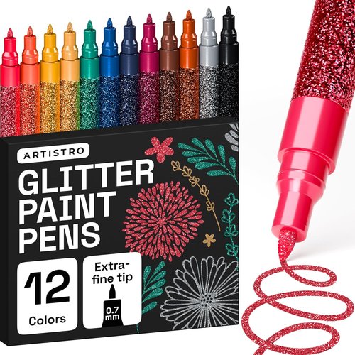 ARTISTRO Glitter Paint Pens - 12 Extra-Fine Tip Acrylic Markers for Glass, Rock, and DIY Crafts