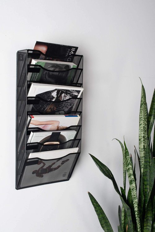 Klickpick Office 8 Section Hanging Files Wall Mounted Metal Mesh Document Organizer Magazine Holder Rack Multipurpose Use to Display Files, Magazines, Newspapers - Black