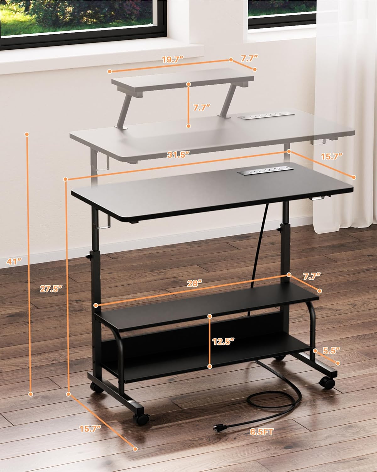 Skiennix Height Adjustable Standing Desk - 32" Manual Desk with Power Outlets & LED Lights | Portable Black Laptop Table