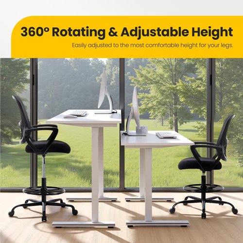 Sweetcrispy Home Office Drafting Chair - Ergonomic High Stool Computer with Adjustable Height and Comfy Lumbar Support, Tall Rolling Task for Standing Desk with Fixed Arm and Footrest, Dark Black