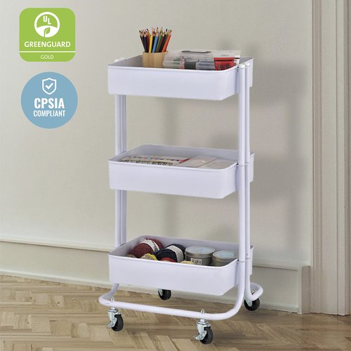 ECR4Kids 3-Tier Metal Rolling Utility Cart, Multipurpose Storage, White