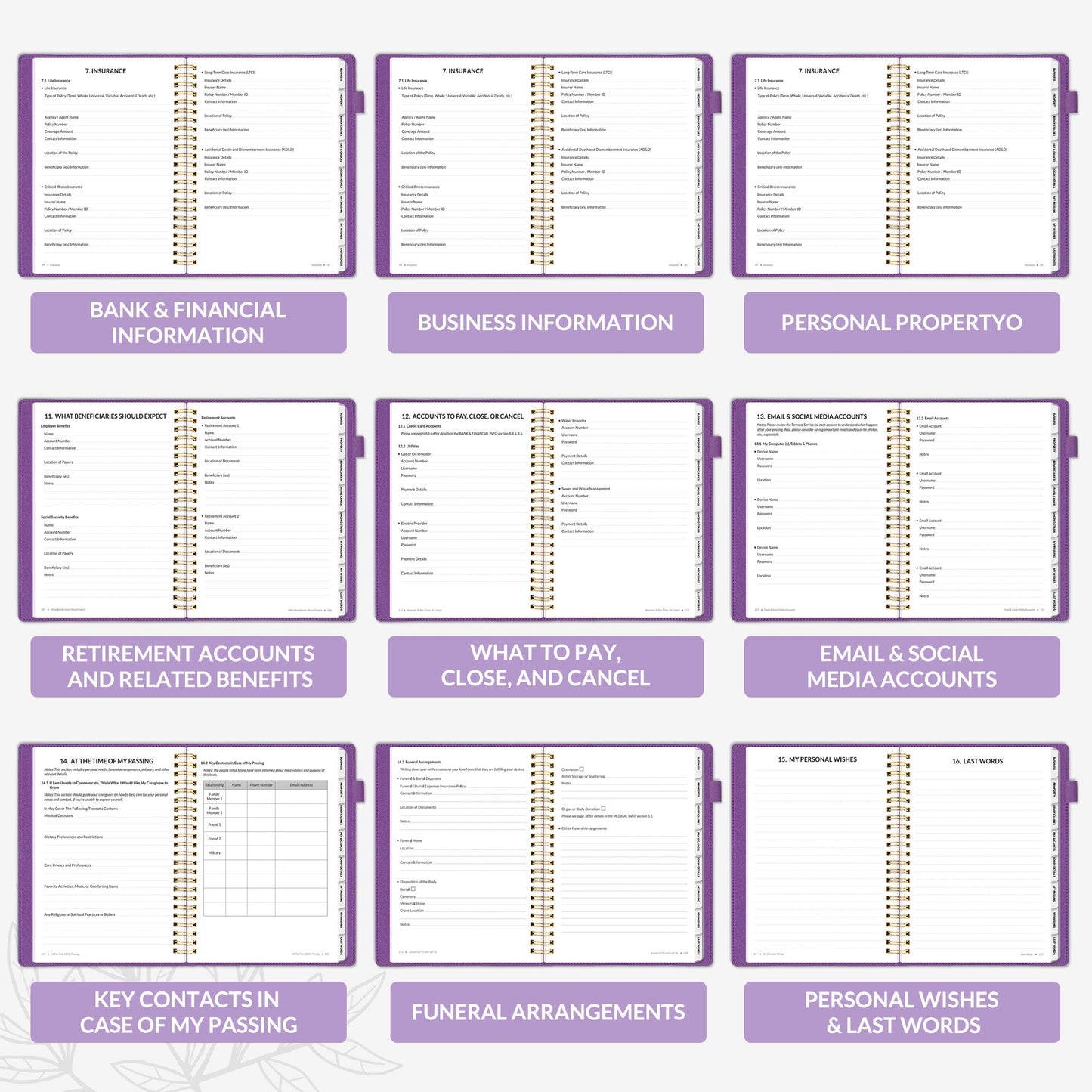 SUNEE End of Life Planner - I'm Dead Now What Planner for Seniors & Family Legacy, Large Print Spiral-Bound Estate Planning Organizer with Tabs - Final Wishes, Passwords & Funeral Planning, A4, Purple