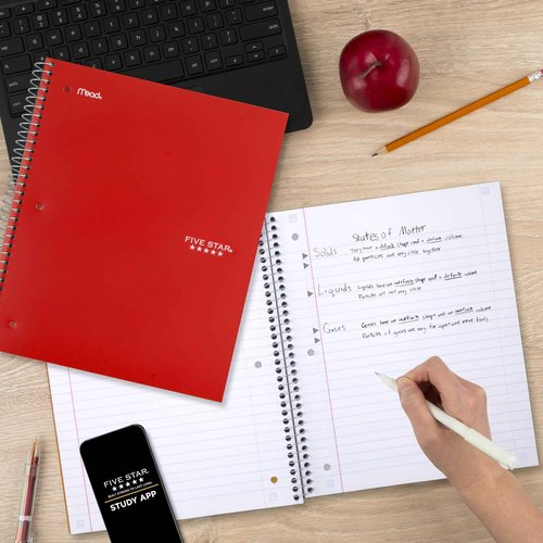 Five Star Spiral Notebook + Study App, 3 Subject, Wide Ruled Paper, 10-1/2" x 8", 150 Sheets, Red (72029) (Pack of 6)