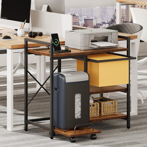 YITAHOME Printer Stand with Storage, 3 Tier Office Printer Desk Stand, Printer Stand for Home Office, File Cabinet with Charging Station, Brown