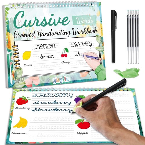 Gisgfim Grooved Cursive Handwriting Workbook - Reusable Guided Tracing for Kids | Includes Disappearing Ink Pens