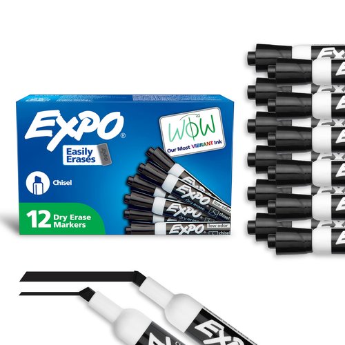 EXPO Low Odor Dry Erase Markers Black Chisel Tip for Versatile Lines Perfect for Home Classroom and Office Pack of 12