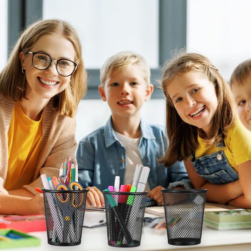 HOFURME 12 PCS Mesh Pen Cup, Metal Pencil Holder, Pen Holder Cup ,Pencil Cup, Round Office Classroom Pen Organizer Cup, for Students Kids Adult (Black)