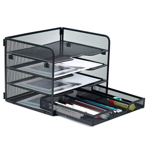 SETTFRFE 4 Tier Mesh Paper Letter Tray,Desk File Organizer with A Sliding Drawer,Office Supplies Desk Organizer for Home Office,Black.