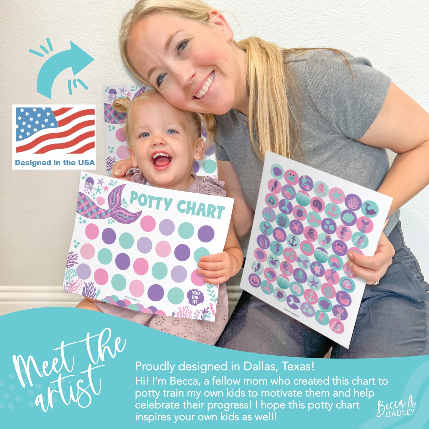 Hadley Designs Potty Training Chart for Toddlers Girls -10 Sticker Potty Chart for Toddlers Girls, 8.5x11" Potty Training Sticker Charts for Toilet Success, Mermaid Toddler Reward Chart for Kids