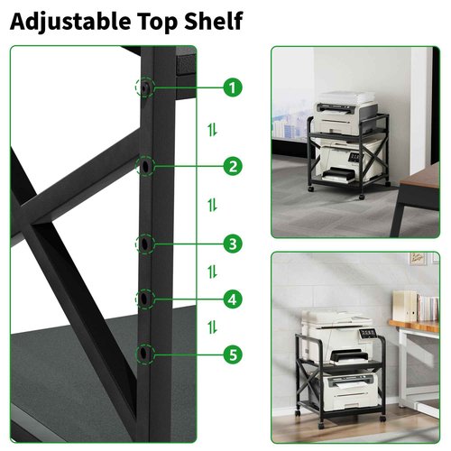 Ollieroo 2 Tier Printer Stand with Storage Shelf, Printer Table with Height Adjustable Top Shelf, Under Desk Storage Printer Cart for Paper Shredder Scanner, 3D Printer Stand for Home Office(Black)