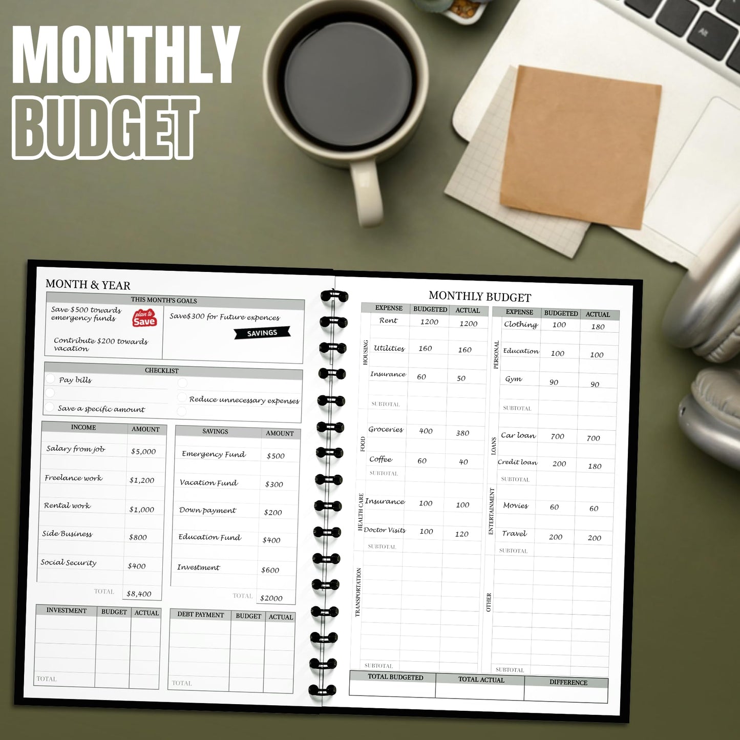 Budget Planner and Monthly Bill Organizer - Financial Planner Budget Book with Sticker Sheets - 12 Month Undated Bill Tracker Notebook with Debt, Saving and Expense Trackers - A5 (Black)