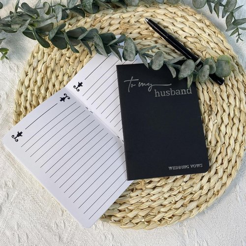 HANVOWS Wedding Vow Books - His and Hers with Silver Foil Lettering | 5.9"x3.9" Black and White Notebooks