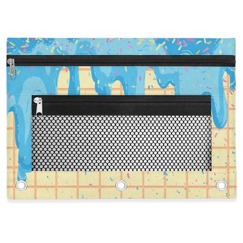 Gumuslen Blue Ice Cream Pencil Pouch for 3 Ring Binder Waffles Biscuit Pencil Case Bag with Clear Window Zipper Pockets for Kids Girls Boys Students School College Supplies 2 Pack
