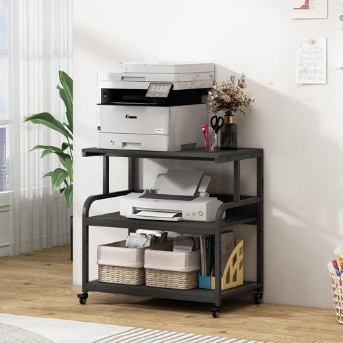 Fannova 32.3" x 18.9" Extra Large Printer Stand Table with Adjustable Storage Shelf, 3 Tier Rolling Printer Cart with Industrial Wheels for Home Office, Black