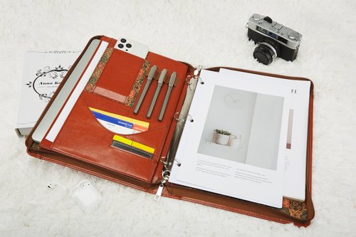 Vegan Leather Portfolio, Brown leather Padfolio, 10x13.5 inch briefcase with 3 Ring Binder, Faux leather Portfolio fit for A4 Letter Size notepad, Leather padfolio for Men and Women