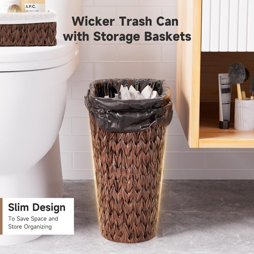 XLHOMO Bathroom Trash Can with Wicker Storage Baskets,12 Liter/3.2Gallon Small Trash Can Handwoven Waste Basket Narrow Small Garbage Can for Bedroom, Bathroom,Office
