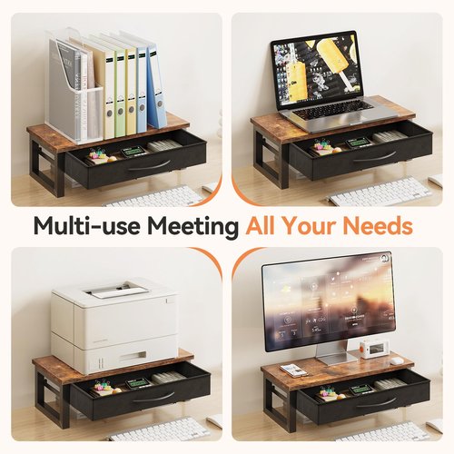 HEWORLIF Computer Monitor Stand Riser with Drawer, 2-Tier Desk Accessories & Workspace Organizers, Laptop Stand for Desk with Storage, Office Organization, Wood