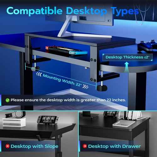 22 inches Desk Extender Shelf, 22"x 9.8" Versatile Clamp on Desk Shelf, Heavy Duty Desktop Organizer for Gaming and Office Accessories, Black