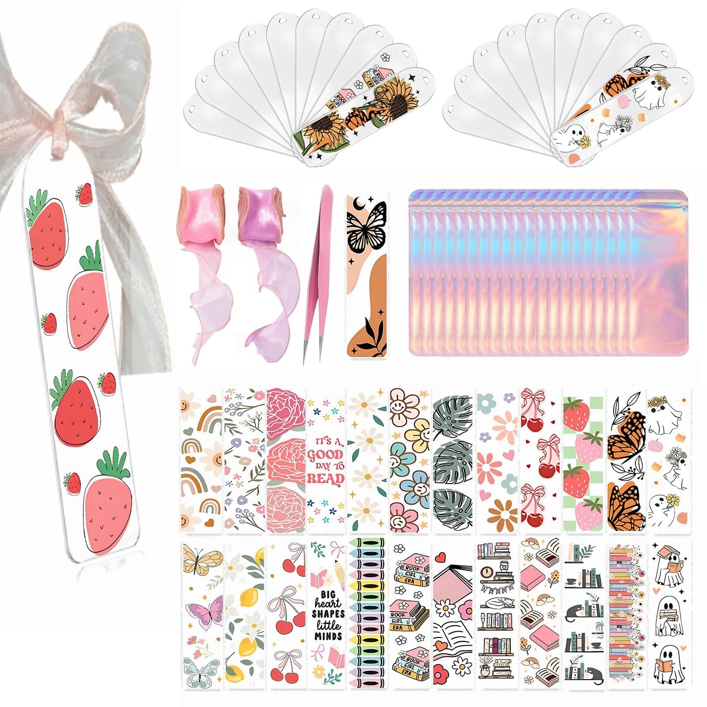 Qrhky 86PCS Acrylic Bookmark Blanks Kit, 20PCS Blank Bookmarks with 25PCS Mixed UV DTF Sticker, 20PCS Ribbon, 20 Holographic Bags, 1PCS Tweezers, Clear Bookmark Kit for DIY and Gifts
