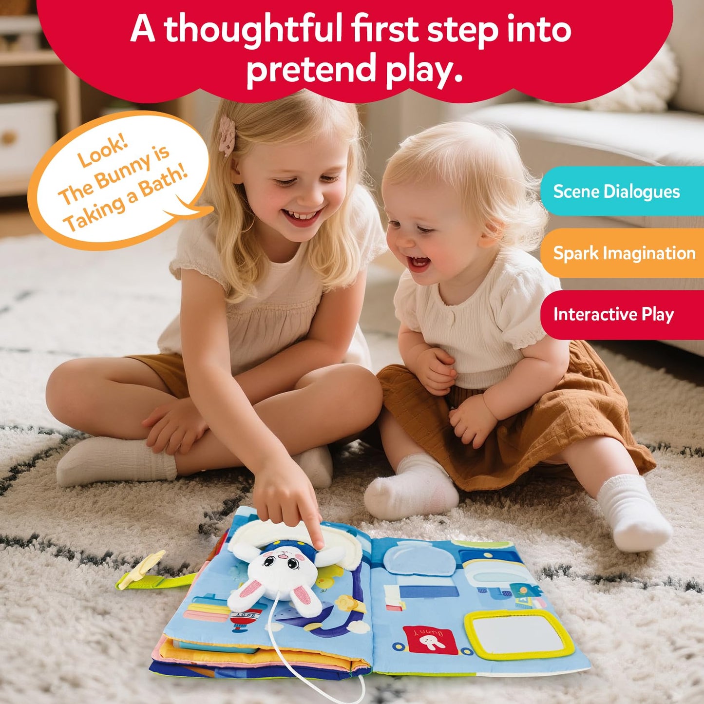 CuteZone Busy Book for Toddlers 1-3, Toddler Travel Toy and Montessori Quiet Book with Attached Bunny, 12 Fine Motor Activities Gifts for 1 Year Old Boys Girls Birthday Gift