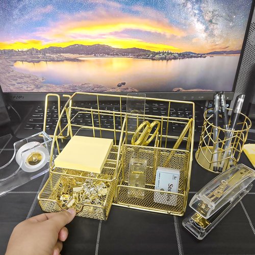 FERXIDI Gold Desk Organizers and Accessories,Office Supplies for Desk,13PS Set with Acrylic Stapler,Tape Dispenser,Staple Remover,Pen Holder,Clips,Scissor, Phone Holder,Pen