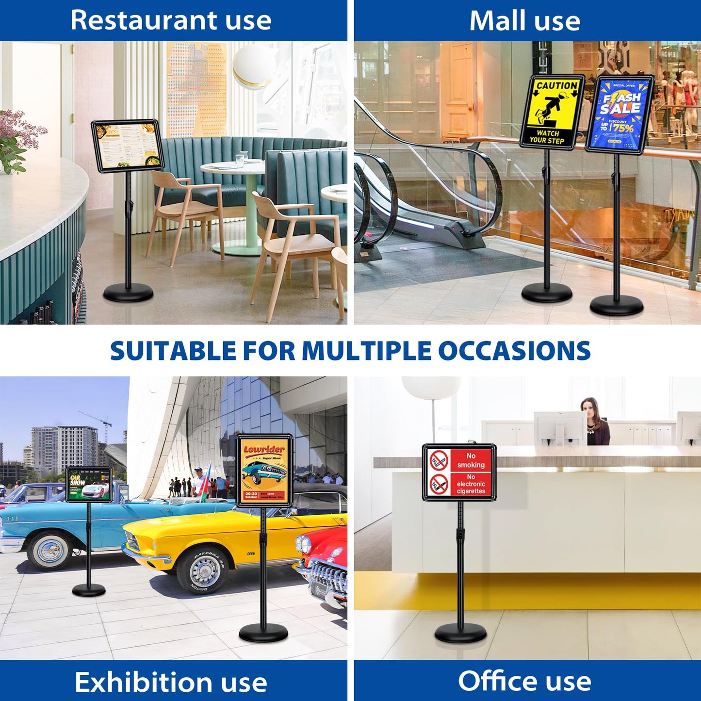 VAIIGO 4 Packs 8.5x11 Inch Sign Stand - Adjustable Floor Standing Sign Holder, Pedestal Poster Stand for Vertical & Horizontal Display, Outdoor & Indoor Use for Business & Store Signage - Black