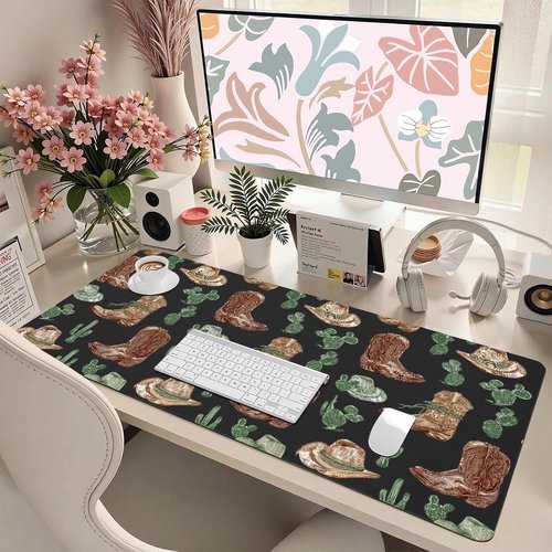 Cozynestcy Retro Western Cowboy Large Mousepad 31.5''X15.7''Cute Kawaii Plant Desktop Mat Pu Leather Desk Mat Trendy Mouse Pad Non-Slip Table Mat for Girls Women Office Home Work Computer Game
