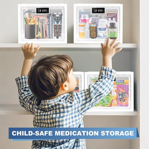 Medicine Lock Box for Safe Medication, Premium Material Lockable Storage Box Locking Organizer Bin with Combination Code for Fridge Food/Snacks/Phone/Tablet Jail/Home/Office Storage Lockers