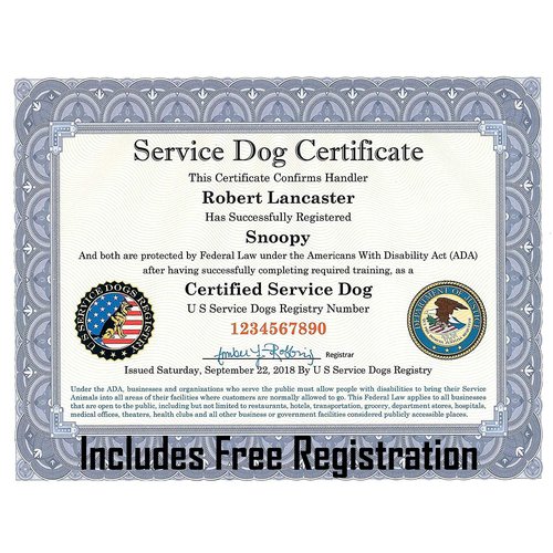 Official Certified Service Dog Customized Certificate with Raised Embossed Gold Seal | Includes Registration at US Service Dogs Registry